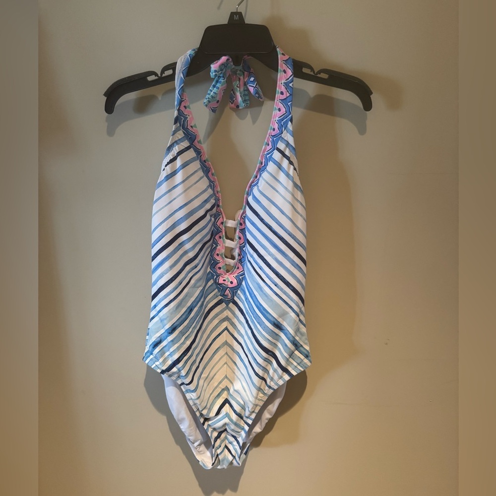 Lilly Pulitzer Blue White Pink Striped Halter One-Piece Swimsuit